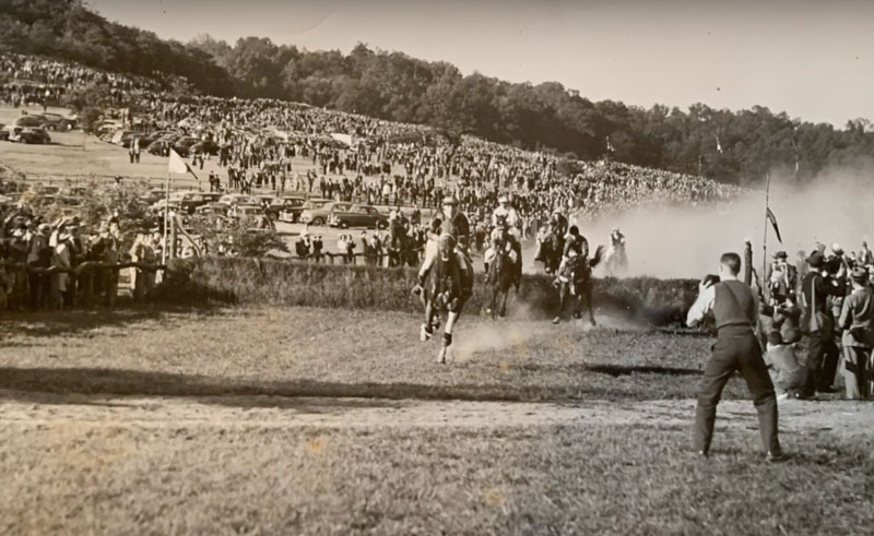 Old photo of Steeplechase horses running at the camera