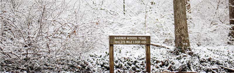 Warner Woods trailhead sign in the snow