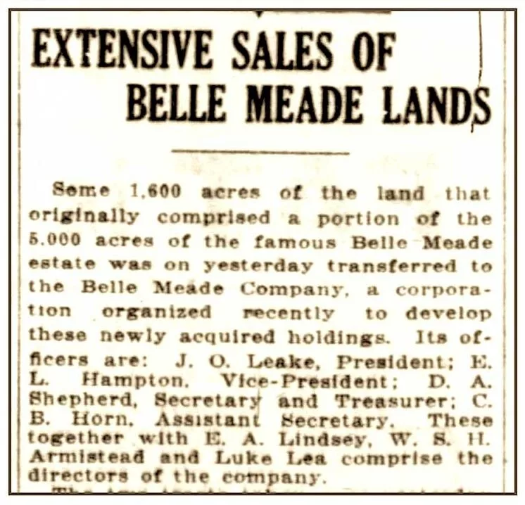 Article clipping from 1910 detailing sale of Belle Meade Lands