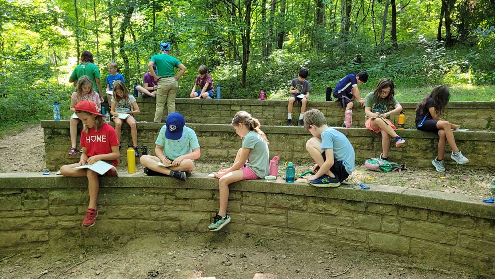 Kids journaling while sitting on a stone wall in the woods.