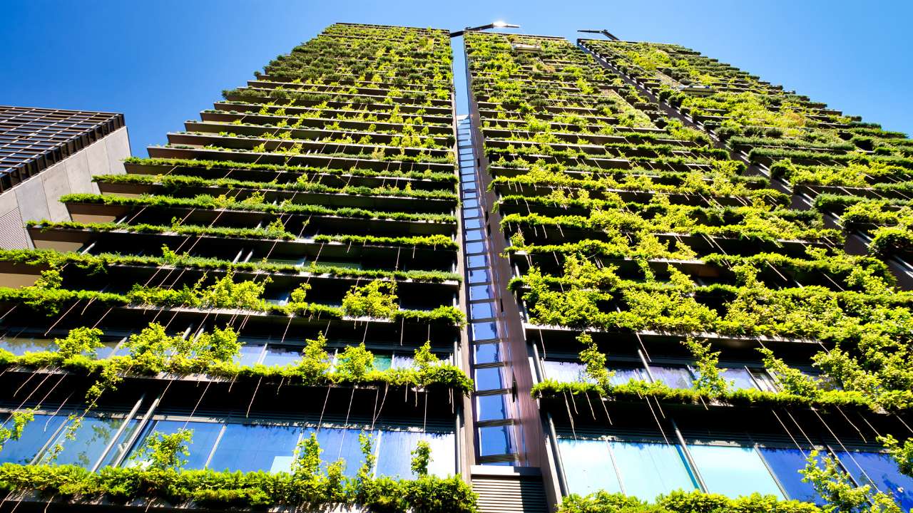 large skyscraper with trees and plants