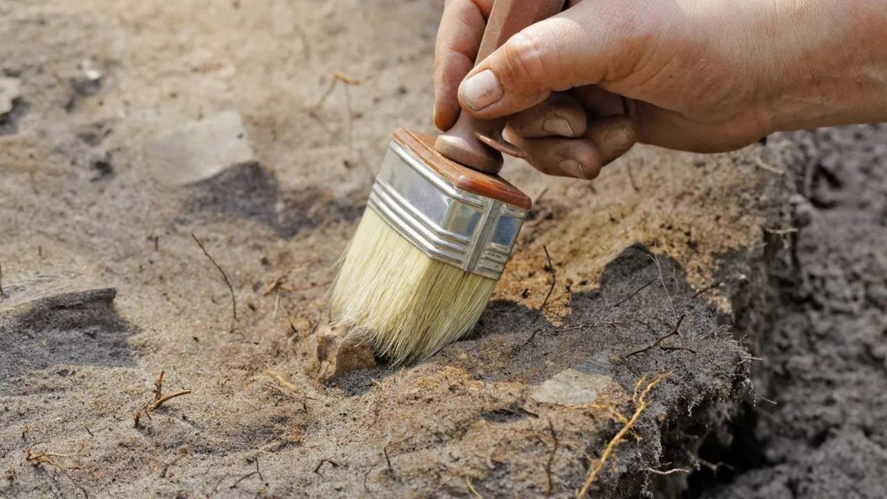 Archaeologist using brush to uncover dirt