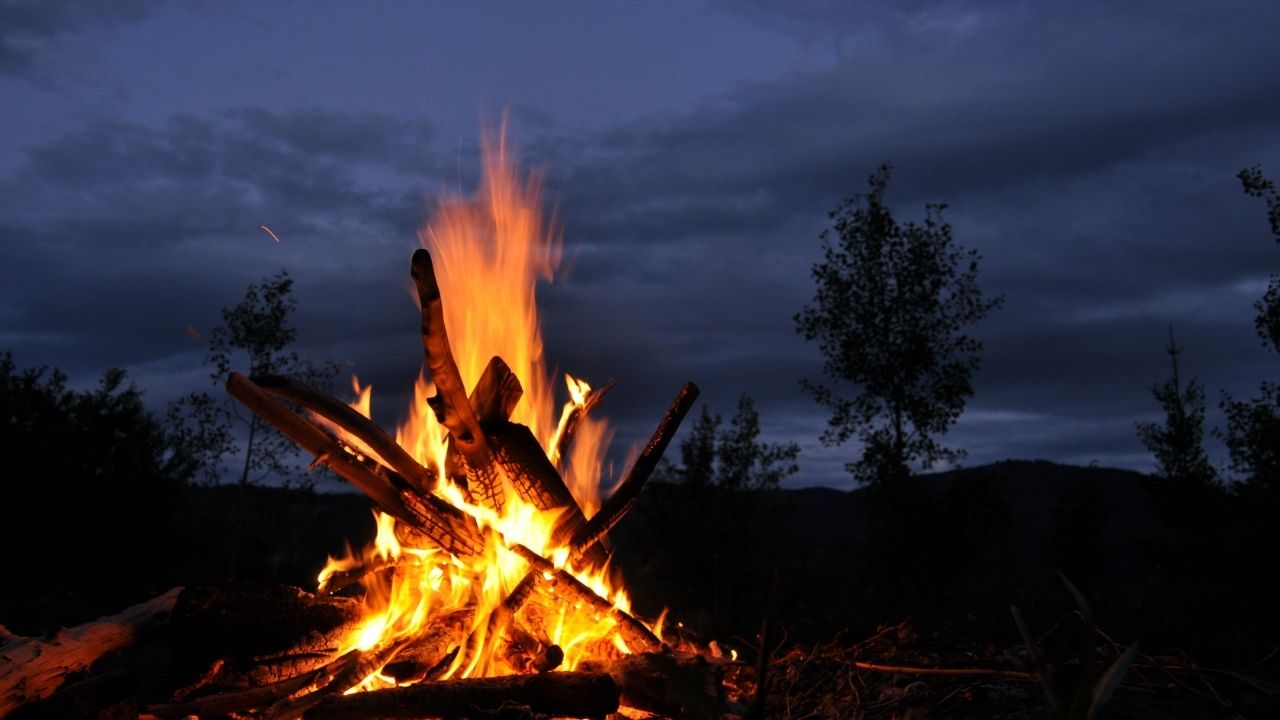 large bonfire in a wooded area